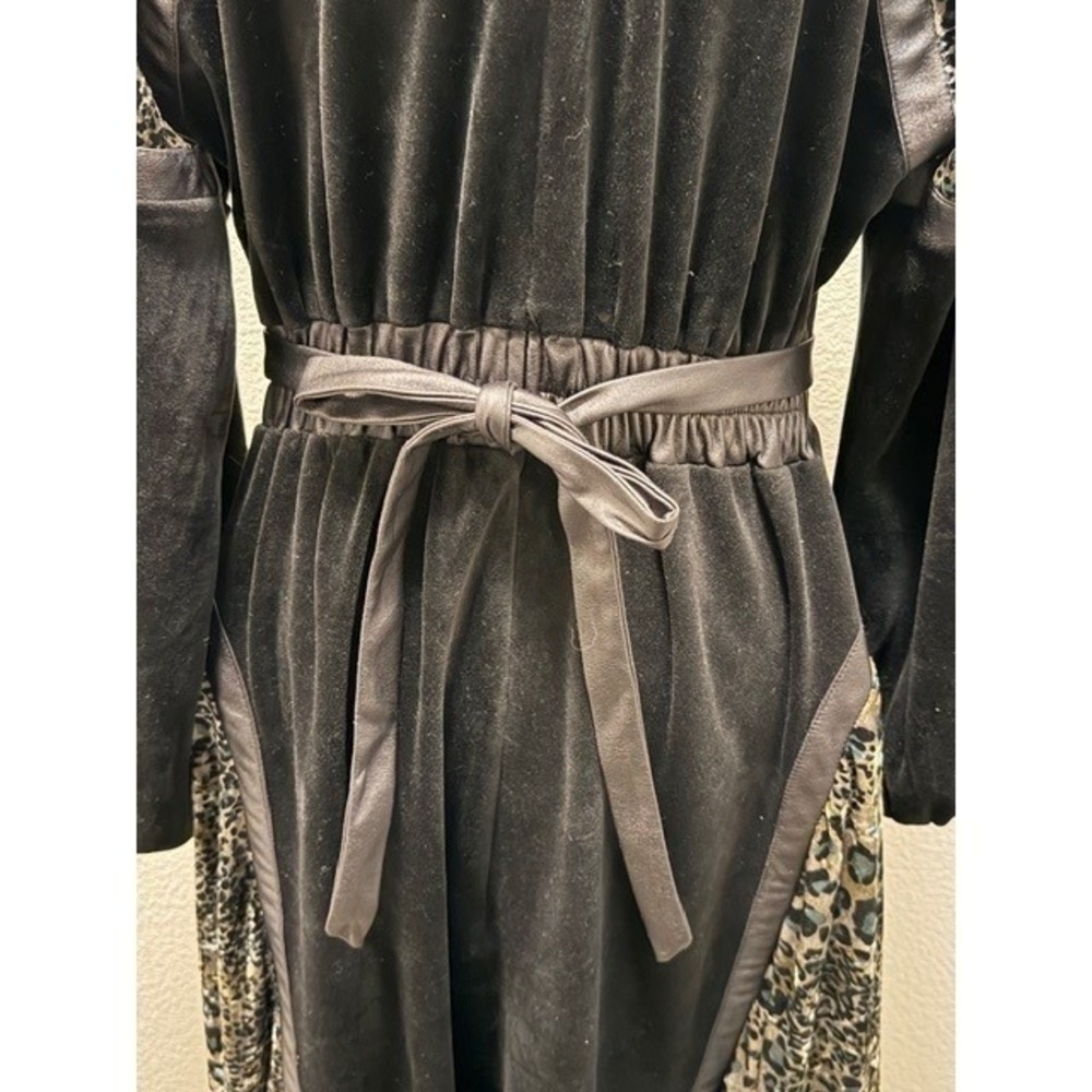 Gothic Black Velvet Maxi Dress Leopard Panels Fringe Renaissance Boho Womens SM - Picture 4 of 13